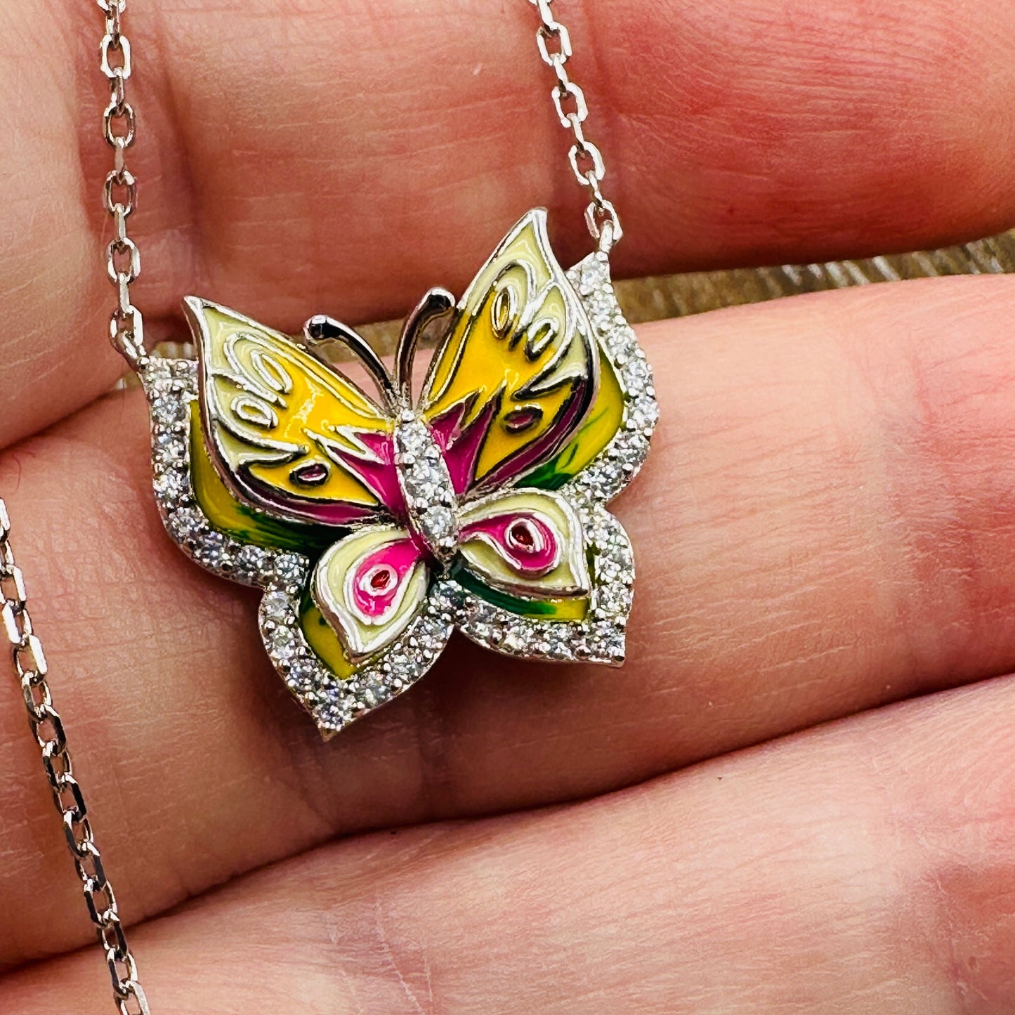 Butterfly CZ Enamel Sterling Silver Necklace