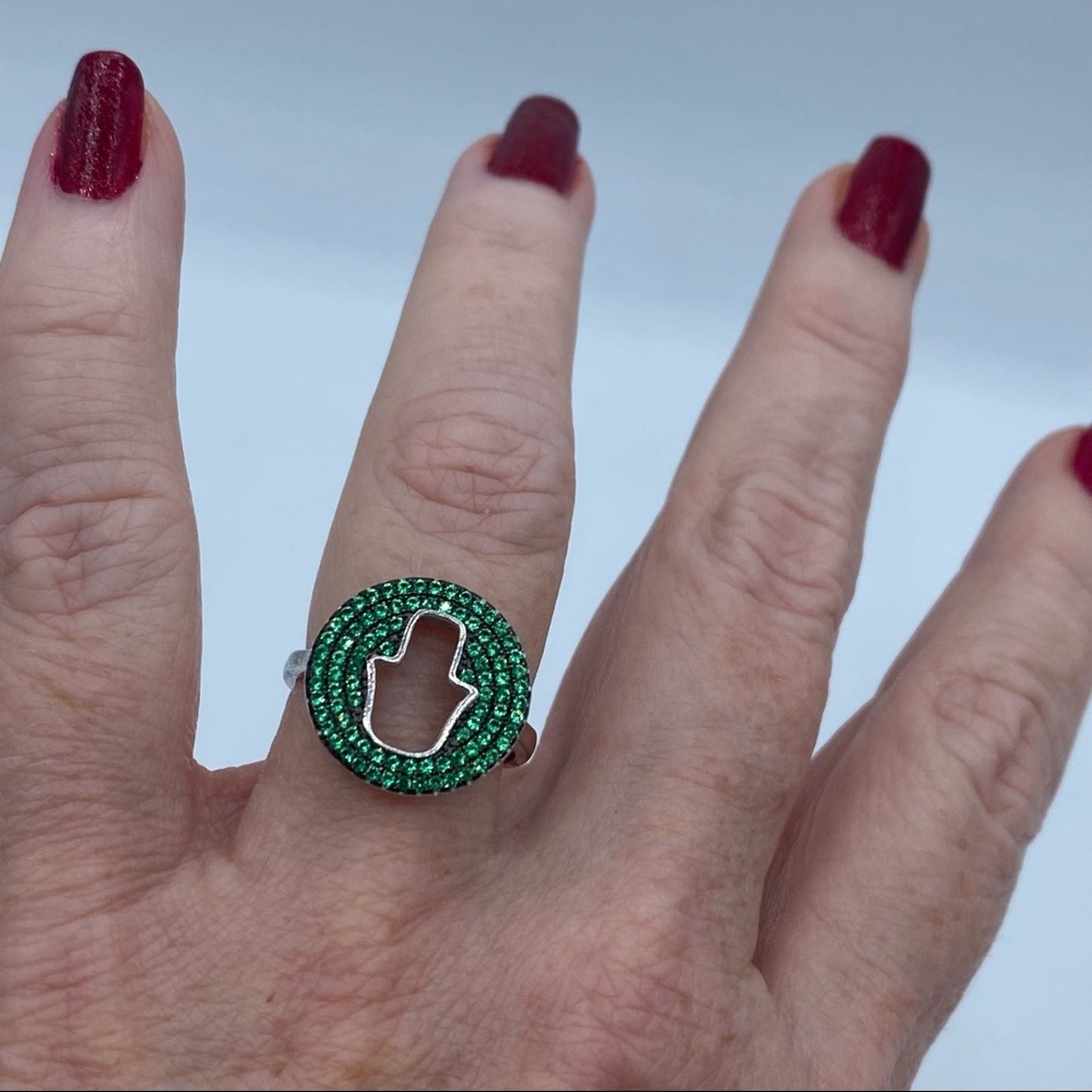 Hamsa Sterling Silver Pave Set Green CZ Ring Size 8.5