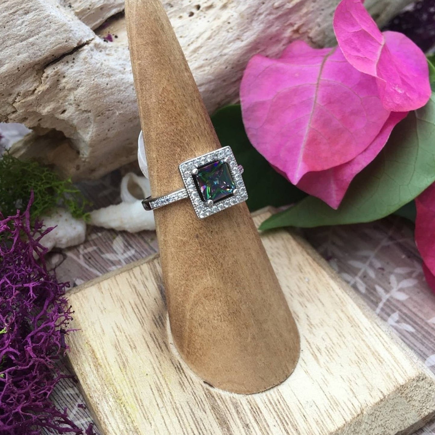 Rainbow Topaz Sterling Silver Square Ring