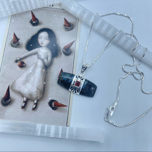 Larvikite Black Moonstone & Garnet Pendant Sterling Silver Necklace 18