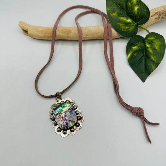 Abalone Shell Silver-Plated Boho Necklace on Suede Leather Cord