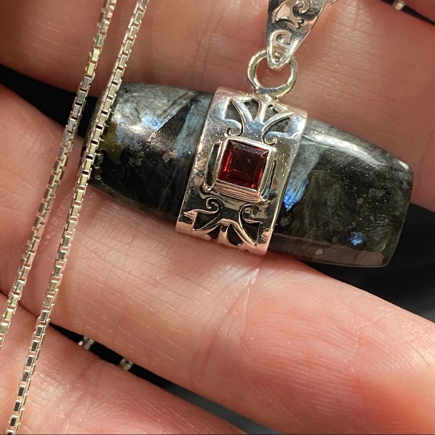 Larvikite Black Moonstone & Garnet Pendant Sterling Silver Necklace 18