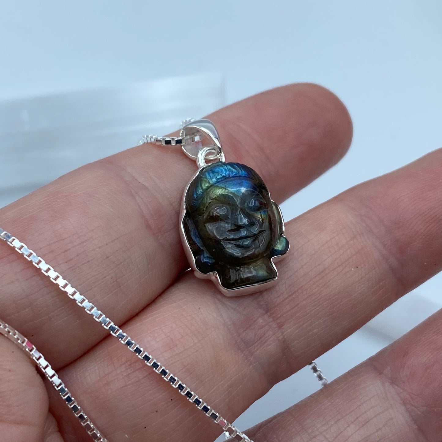 Buddha Carved Labradorite Solid Sterling Silver Necklace