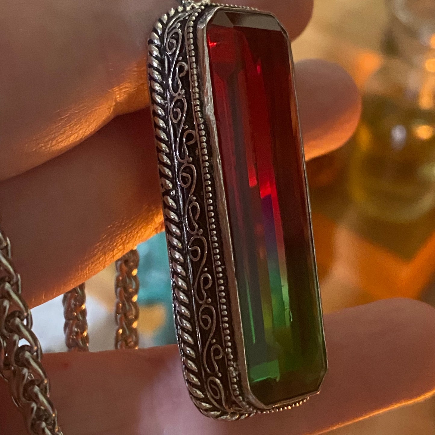 Bi-Color Tourmaline Red Green Sterling Silver Pendant Necklace