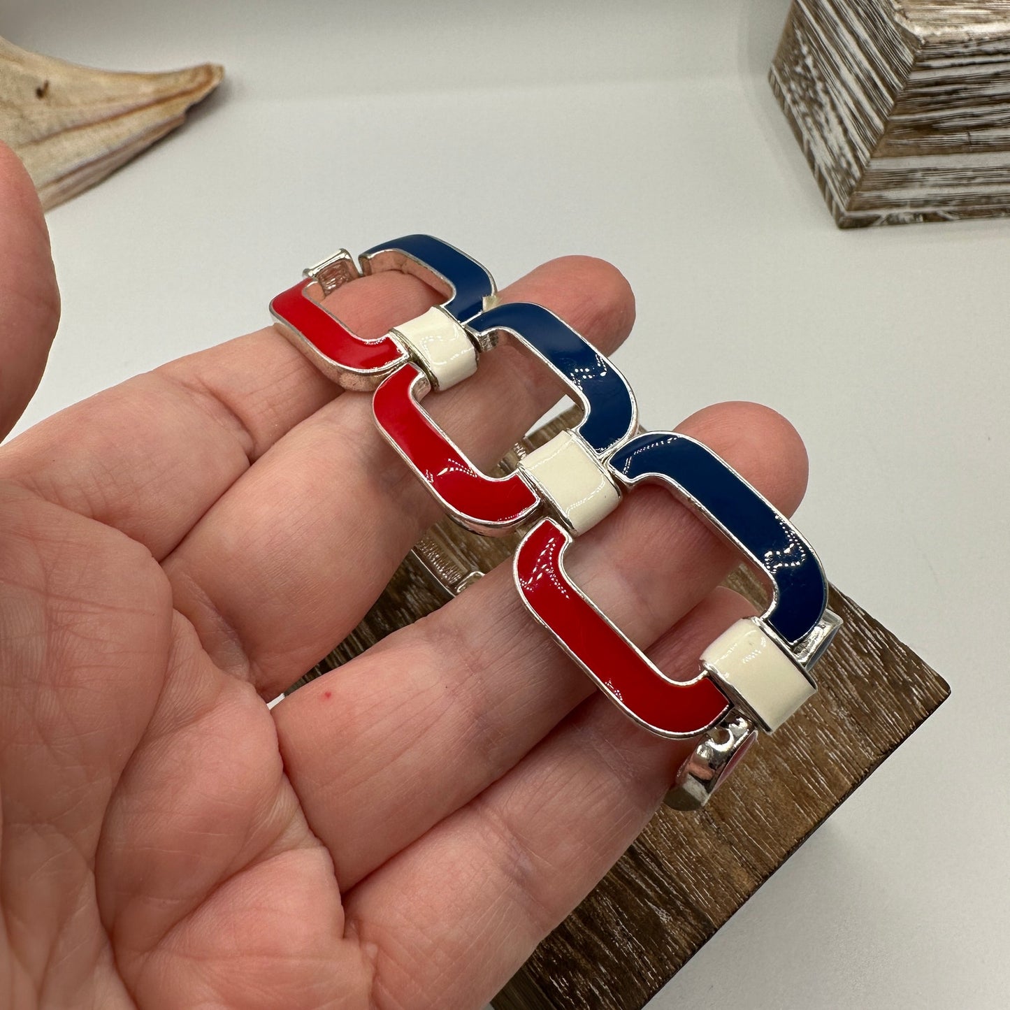 Vintage 90's Enamel Red White Blue Stretch Bracelet