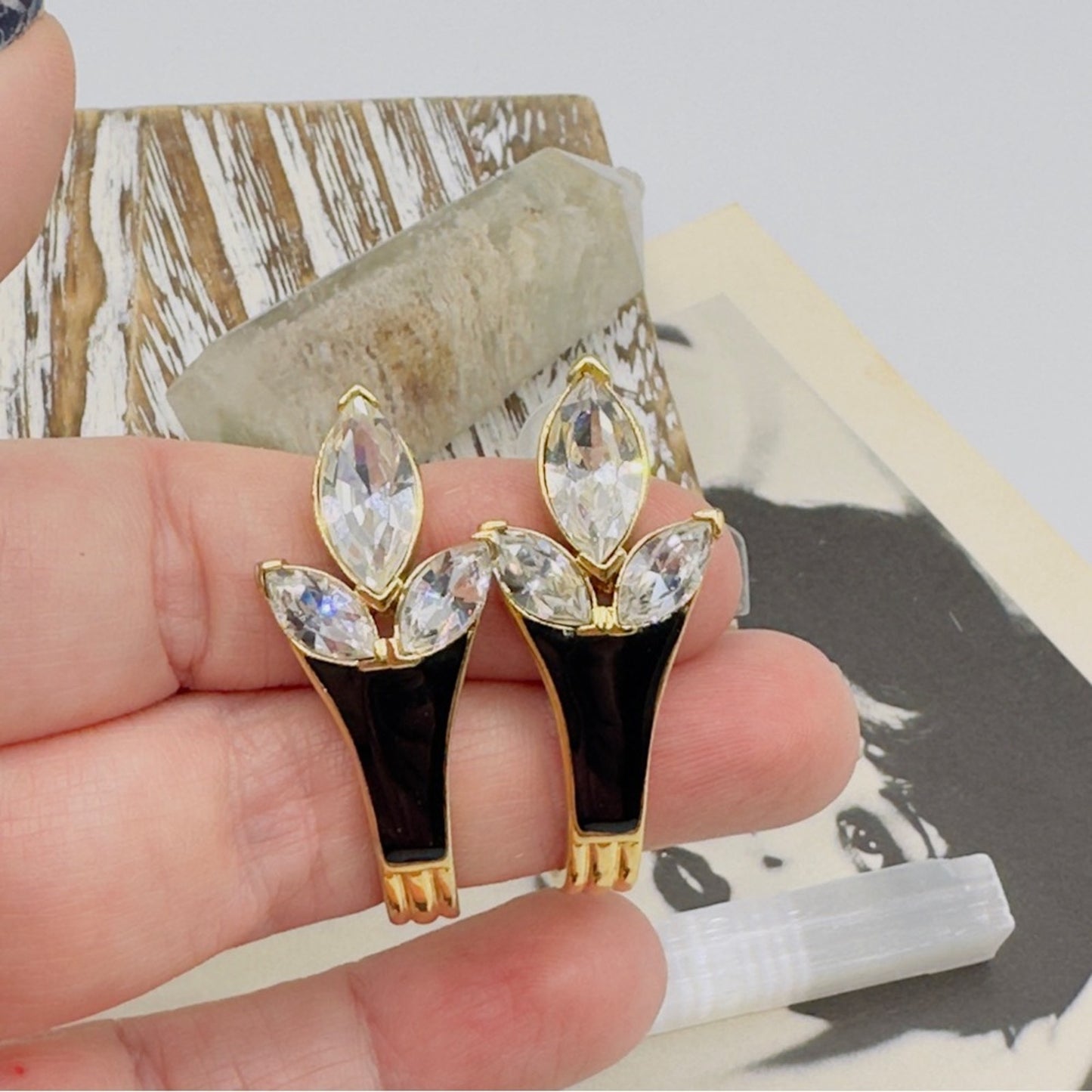 Vintage Trifari Runway Swarovski Gold Black Enamel Earrings