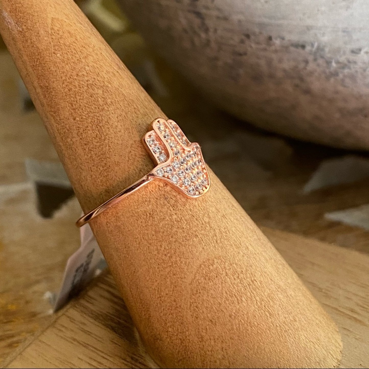 Hamsa Micro Pave CZ Diamond 14k Rose Gold Sterling Silver Ring