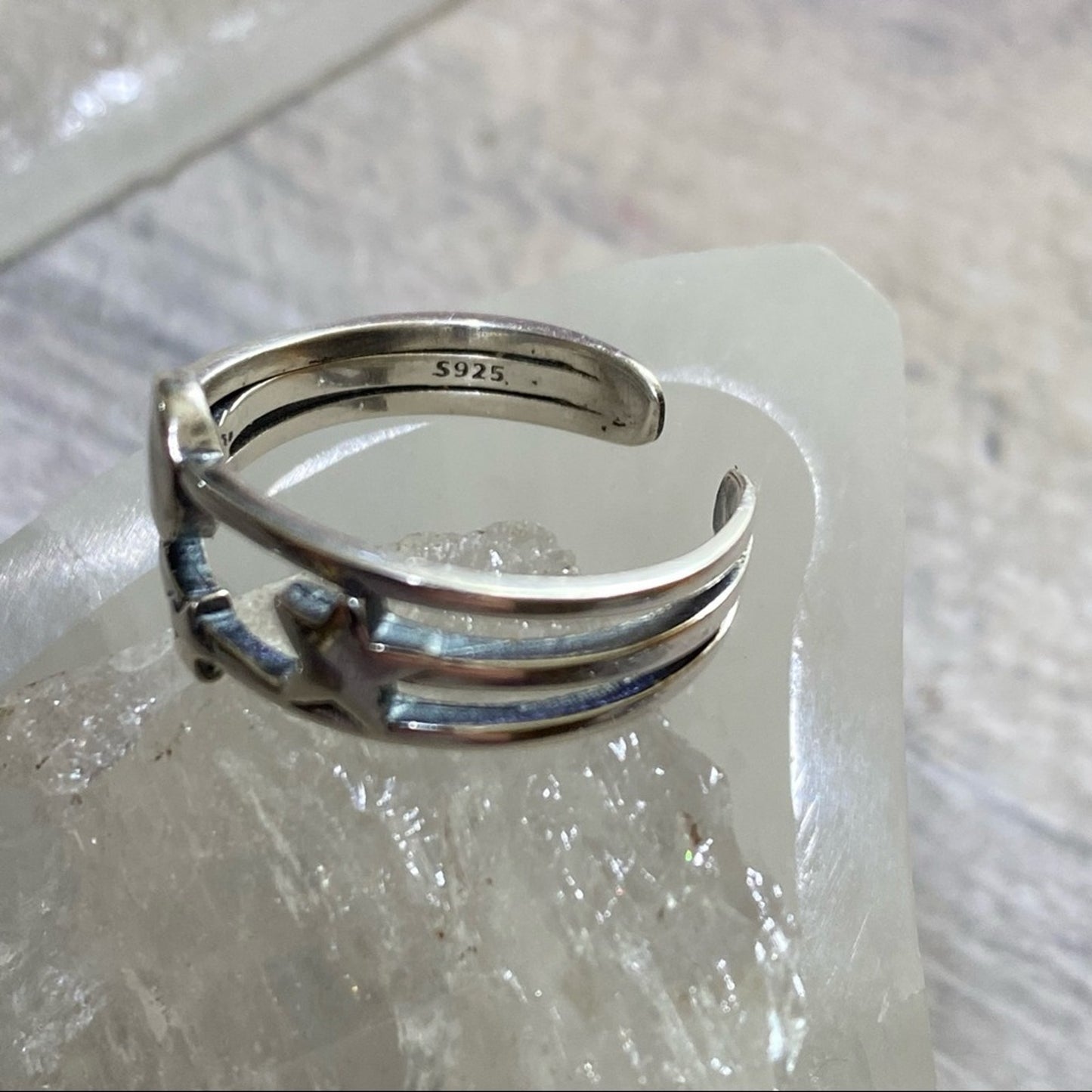 Moon And Star Open Adjustable Sterling Sliver Ring