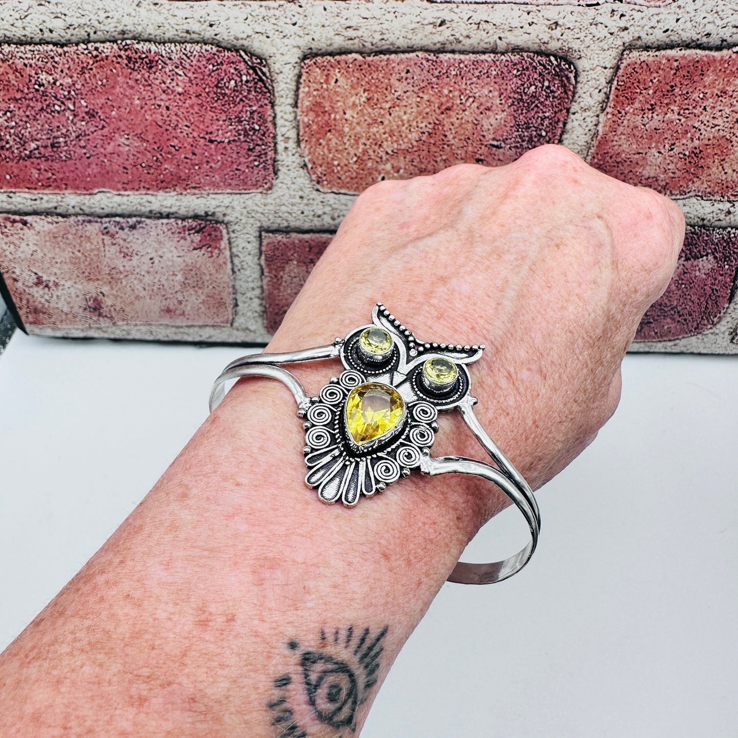 Citrine Owl Bangle Sterling Silver Plated Bracelet