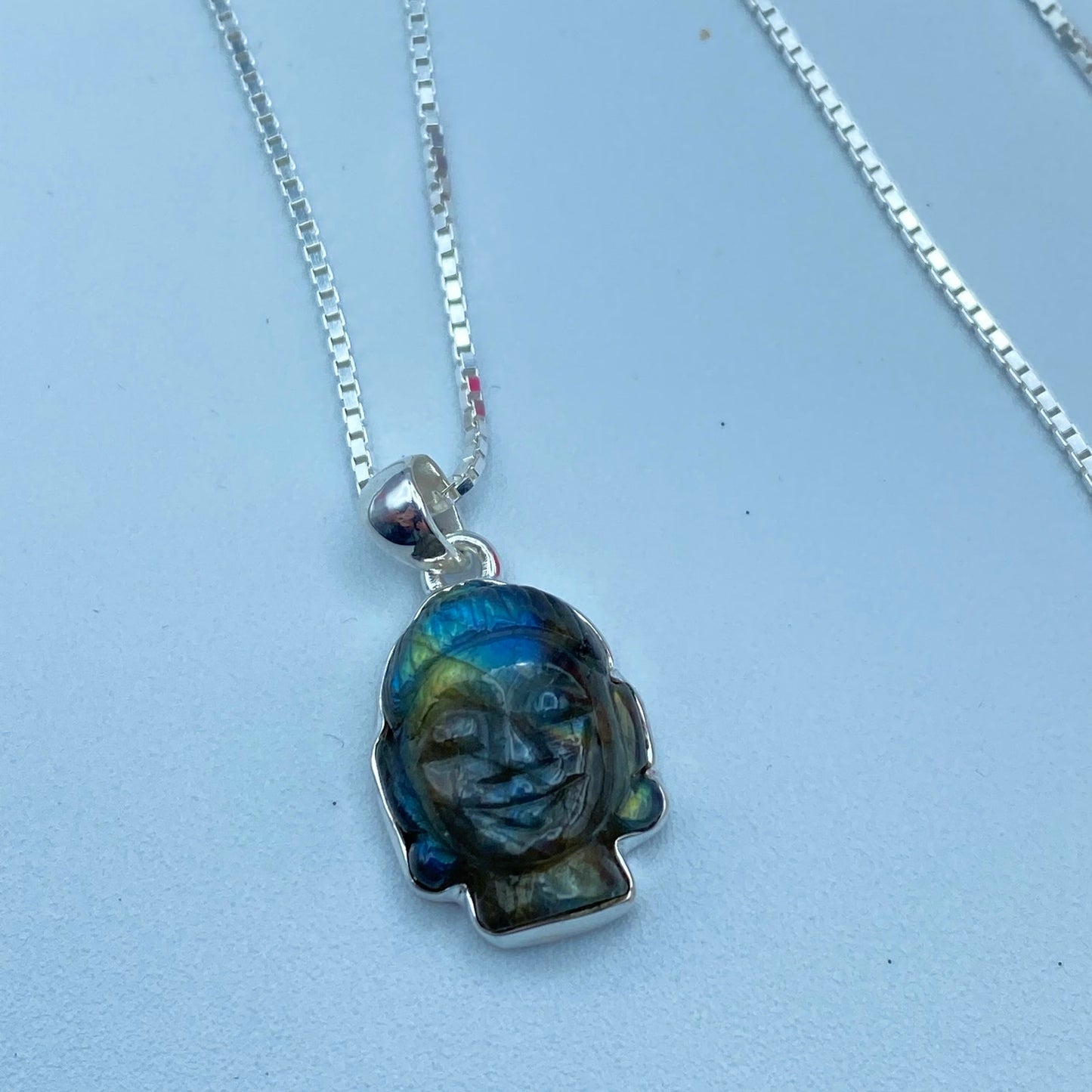 Buddha Carved Labradorite Solid Sterling Silver Necklace