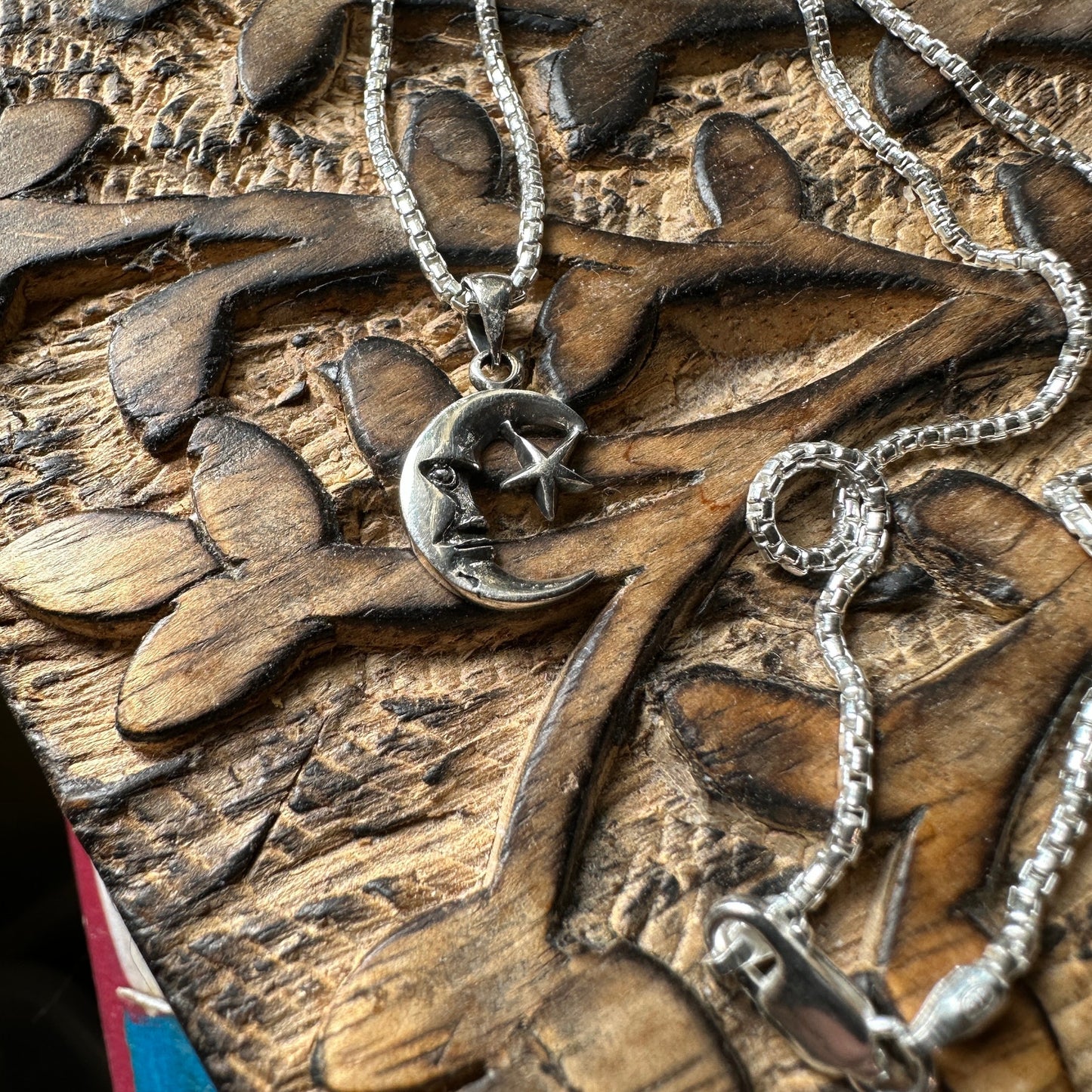 Moon & Star Rounded Box Chain Sterling Silver Necklace