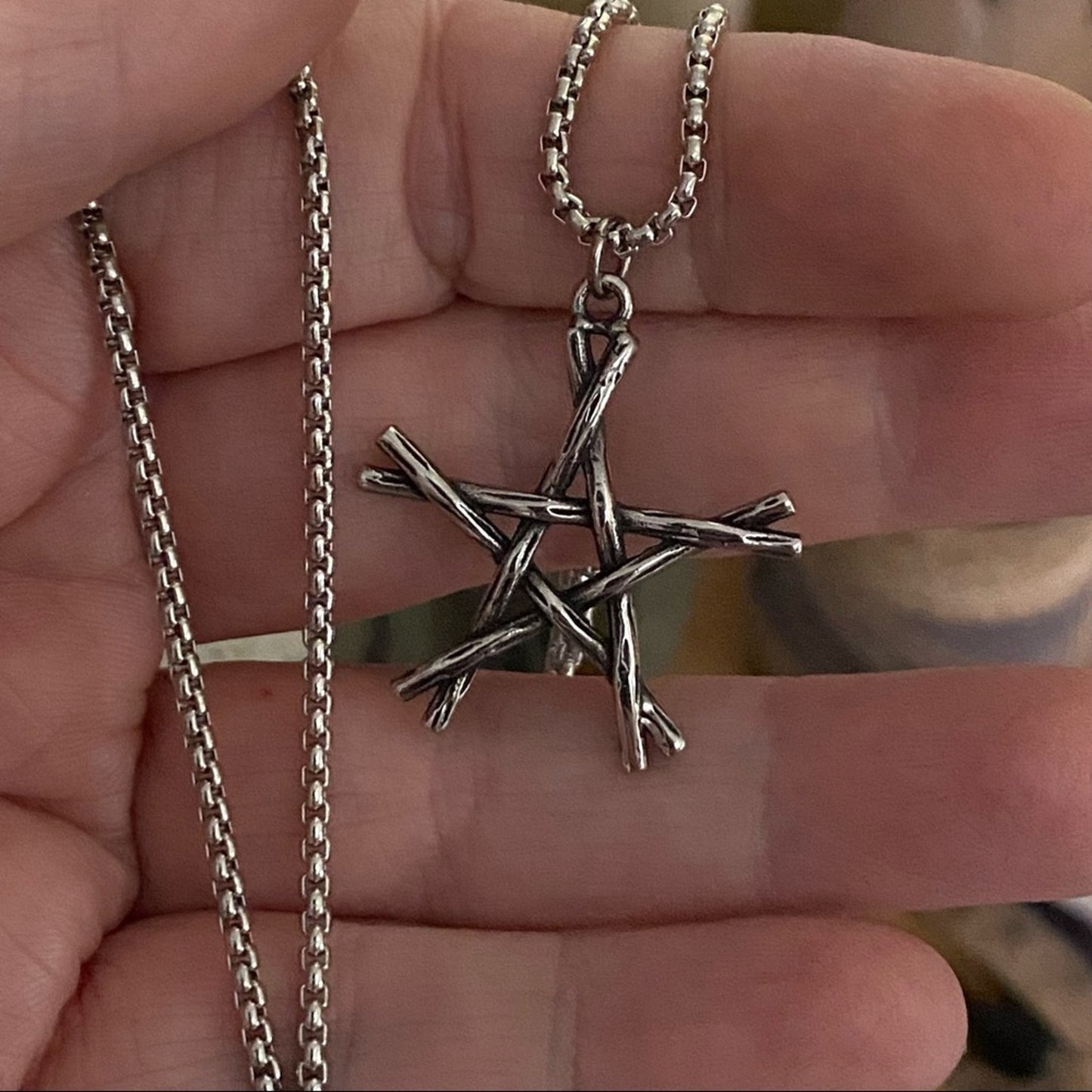 Stainless Steel Rustic Sticks Pentagram Pendant on Rounded Box Chain