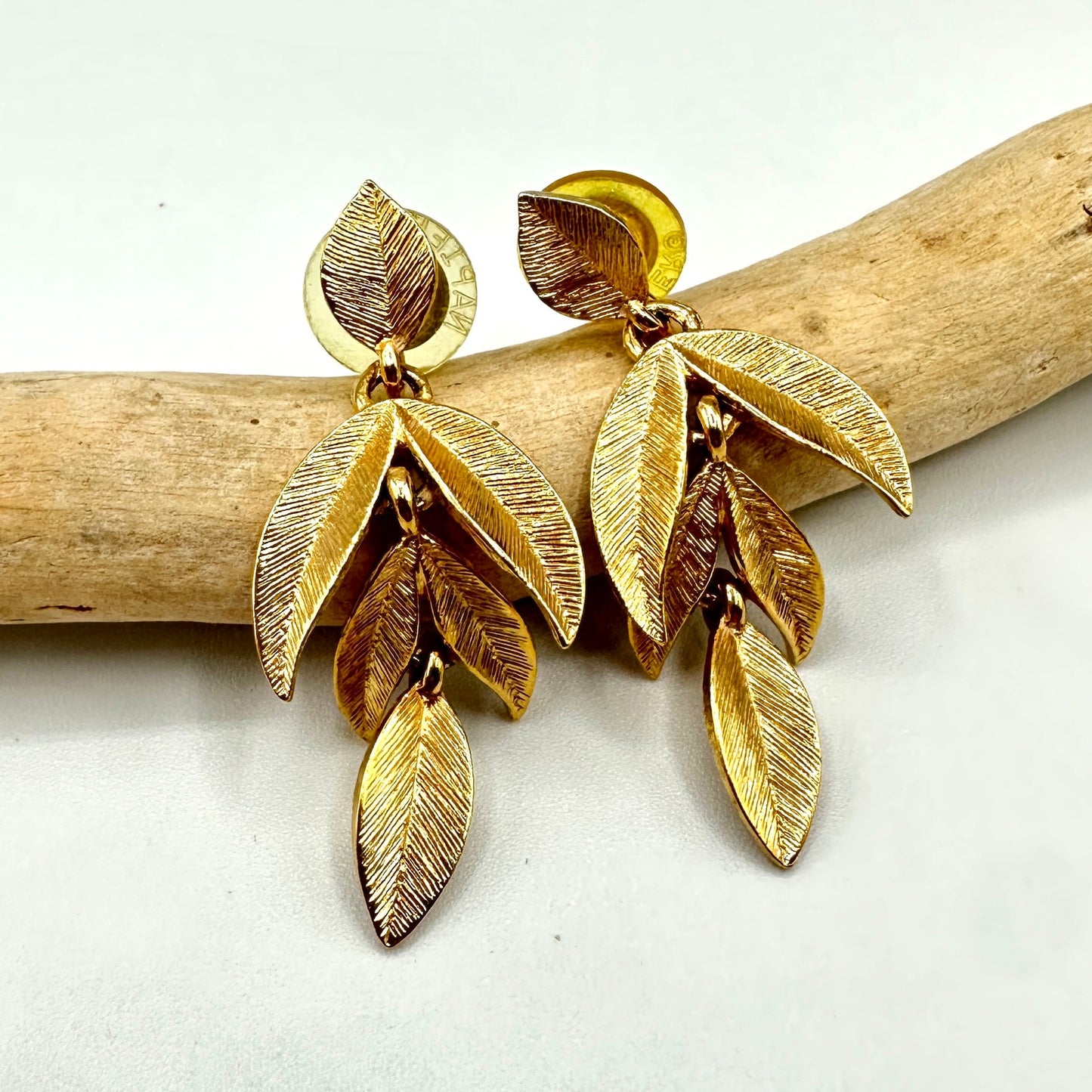 Vintage Napier Leaf Dangle Gold Plated Pierced Earrings