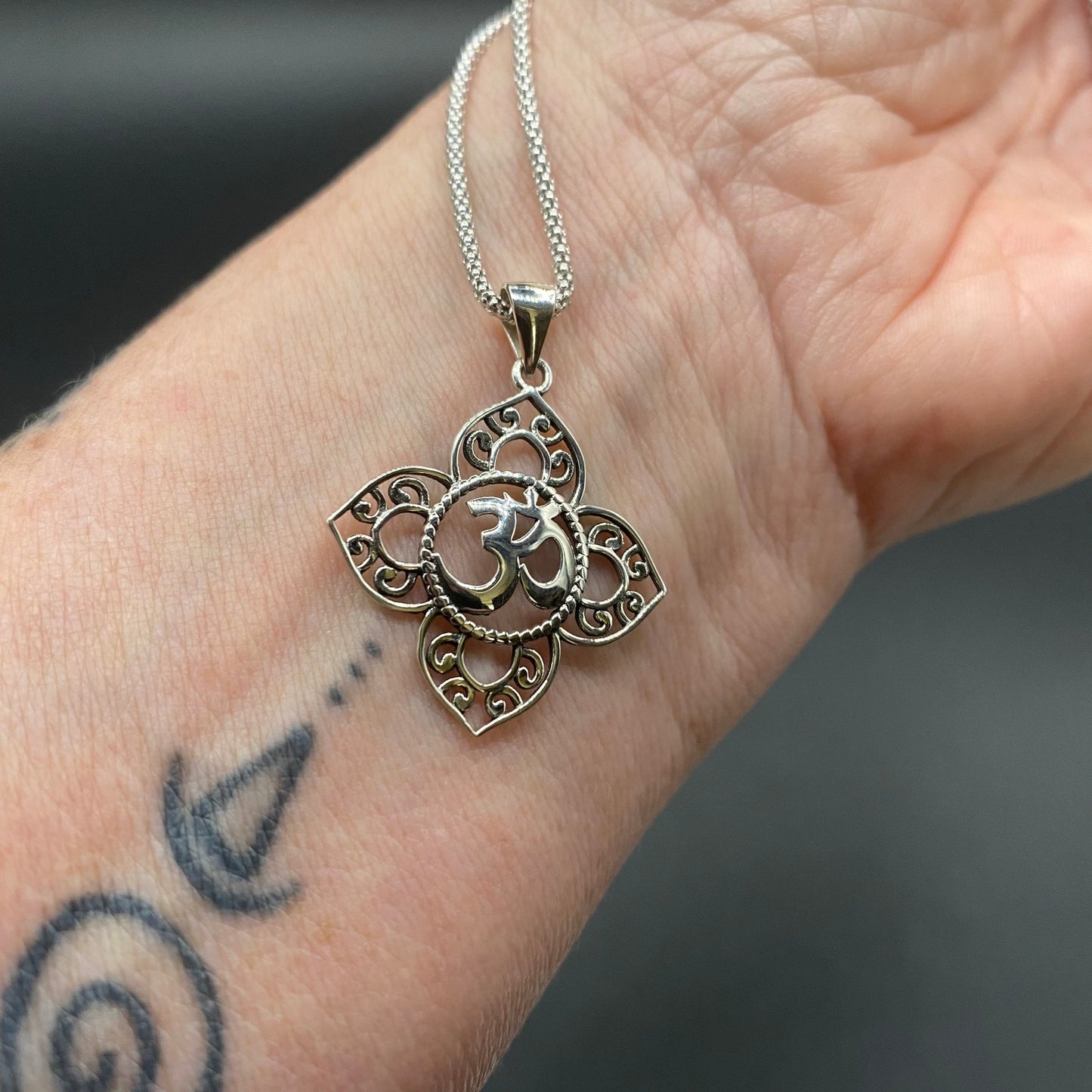Om Religious Symbols Sterling Silver Pendant Necklace, Popcorn Chain