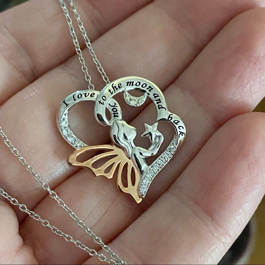 “I Love You To The Moon & Back” Sterling Silver Two-Tone CZ Fairy Girl Necklace