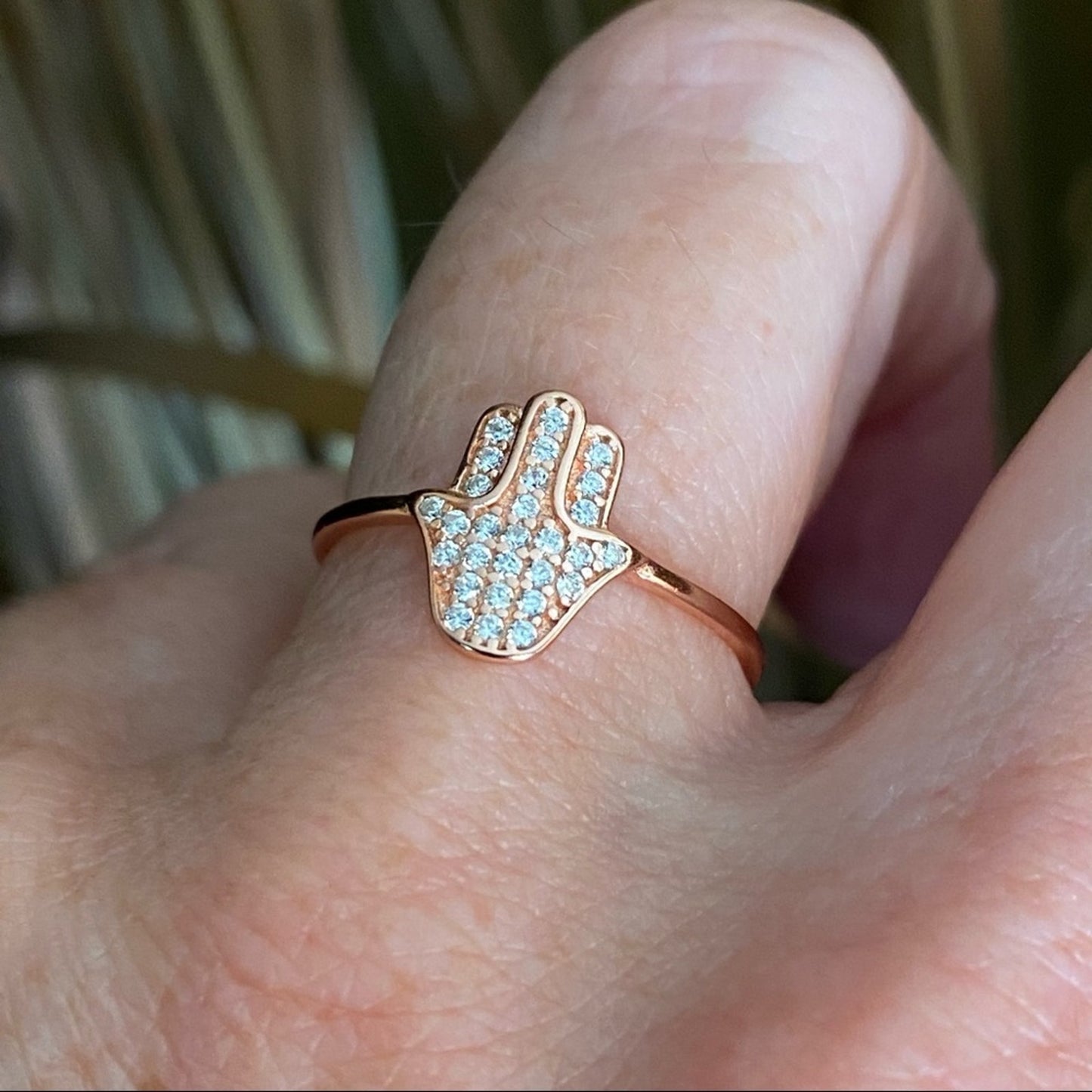 Hamsa Micro Pave CZ Diamond 14k Rose Gold Sterling Silver Ring