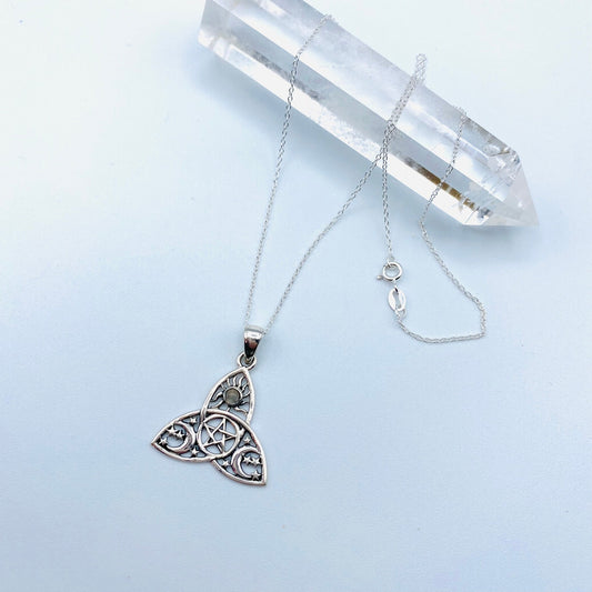 Sterling Silver Celtic Triquetra Pendant Necklace-Pagan Wiccan Pentacle Design