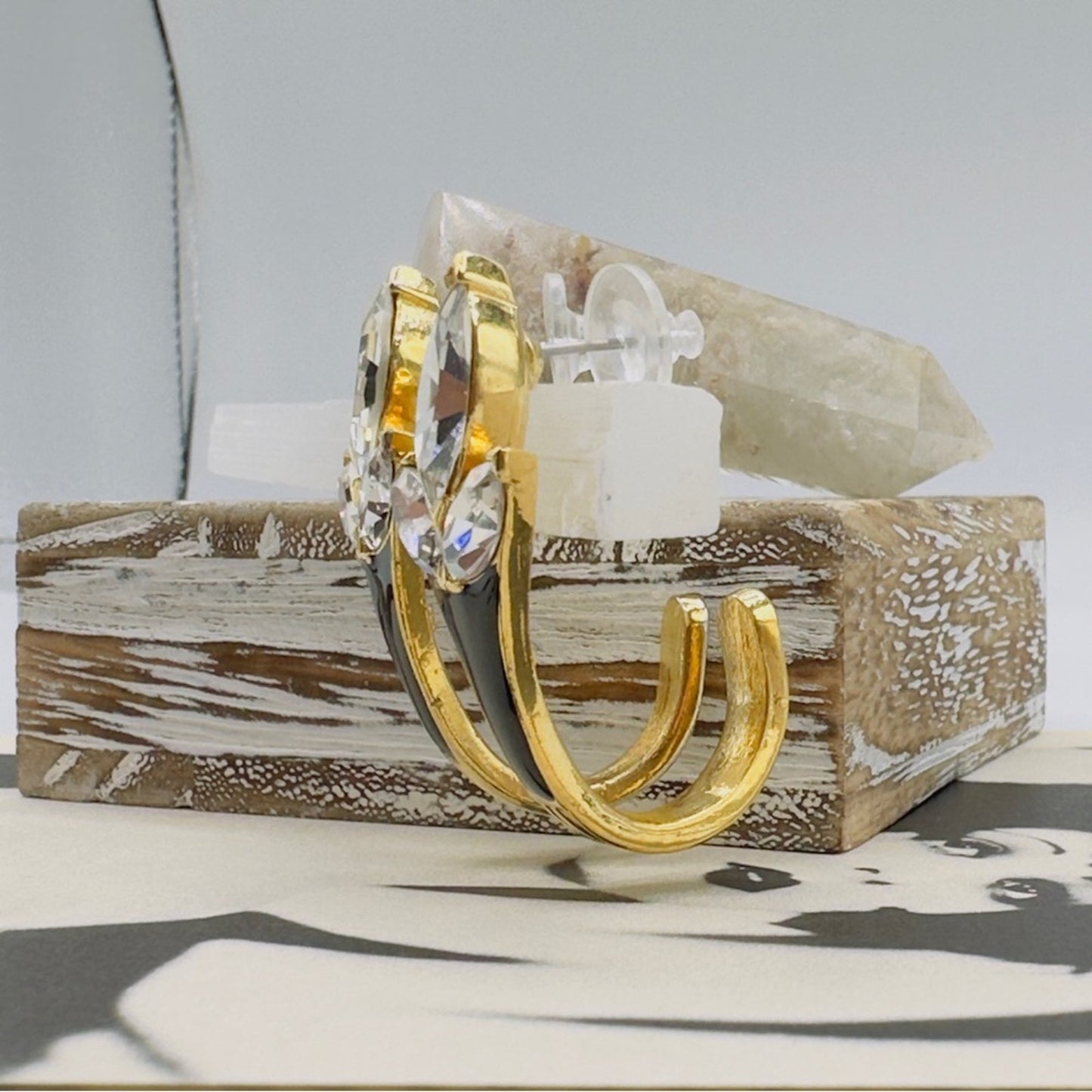 Vintage Trifari Runway Swarovski Gold Black Enamel Earrings