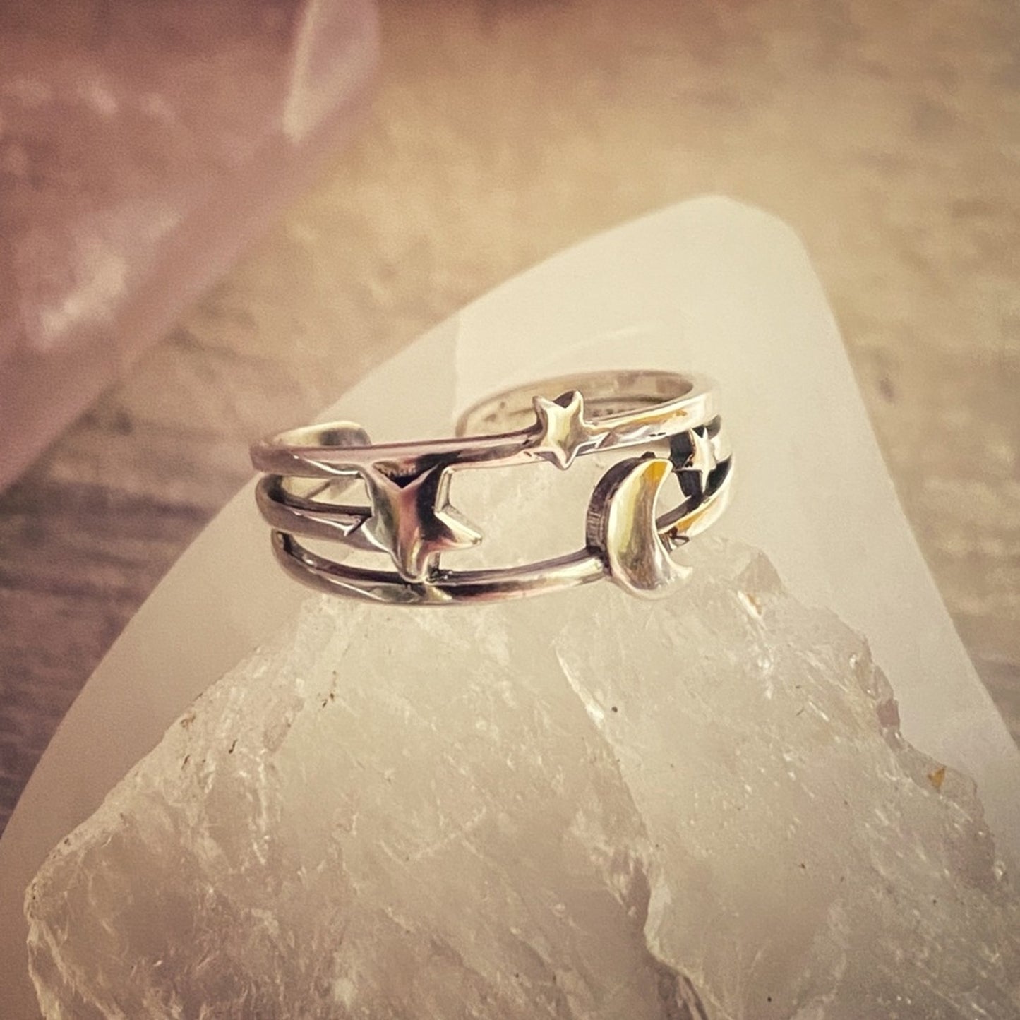 Moon And Star Open Adjustable Sterling Sliver Ring