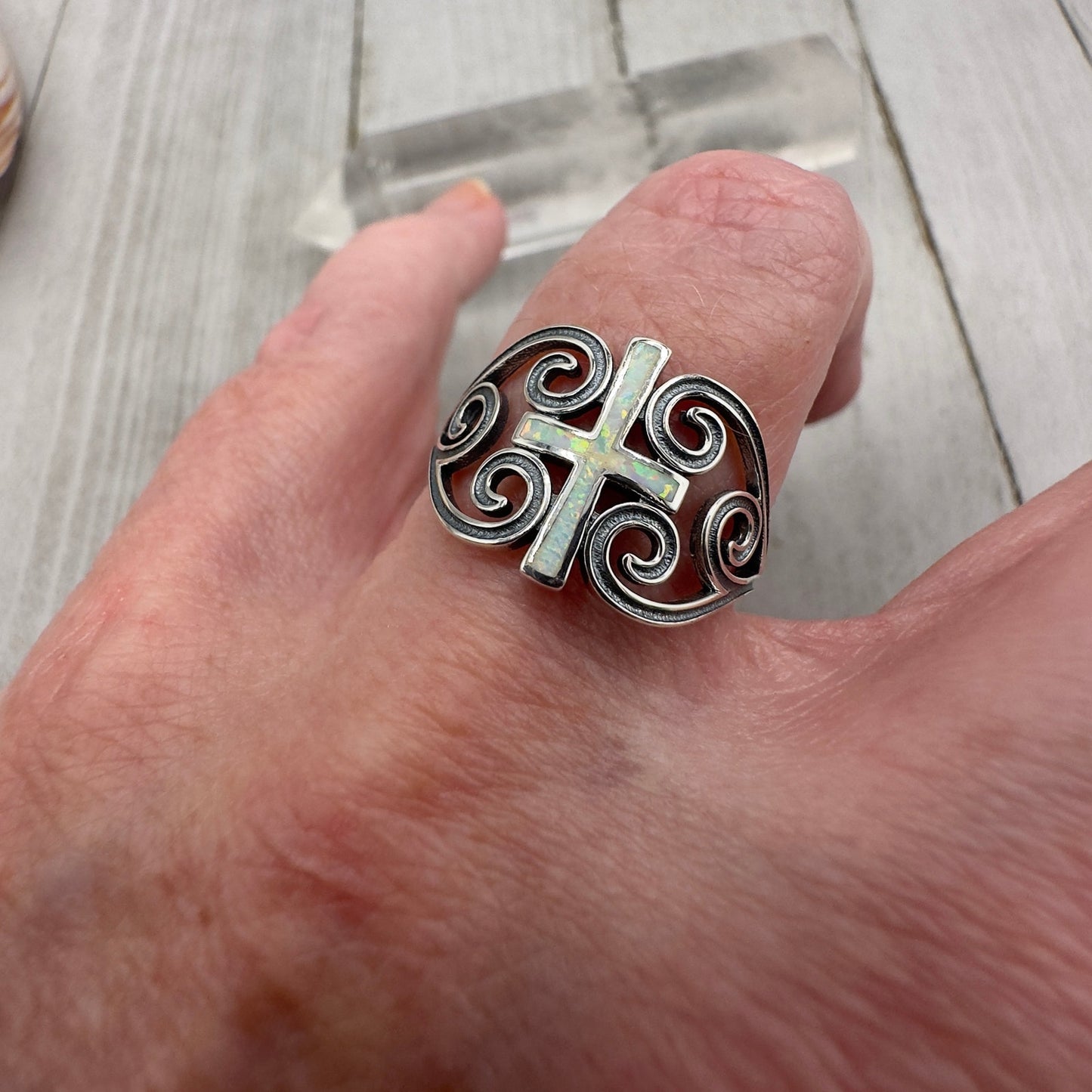 Lab Opal Cross Sterling Silver Ring