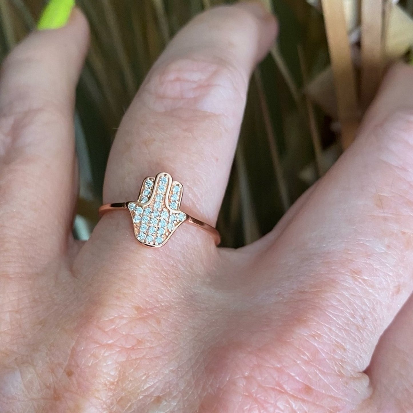 Hamsa Micro Pave CZ Diamond 14k Rose Gold Sterling Silver Ring