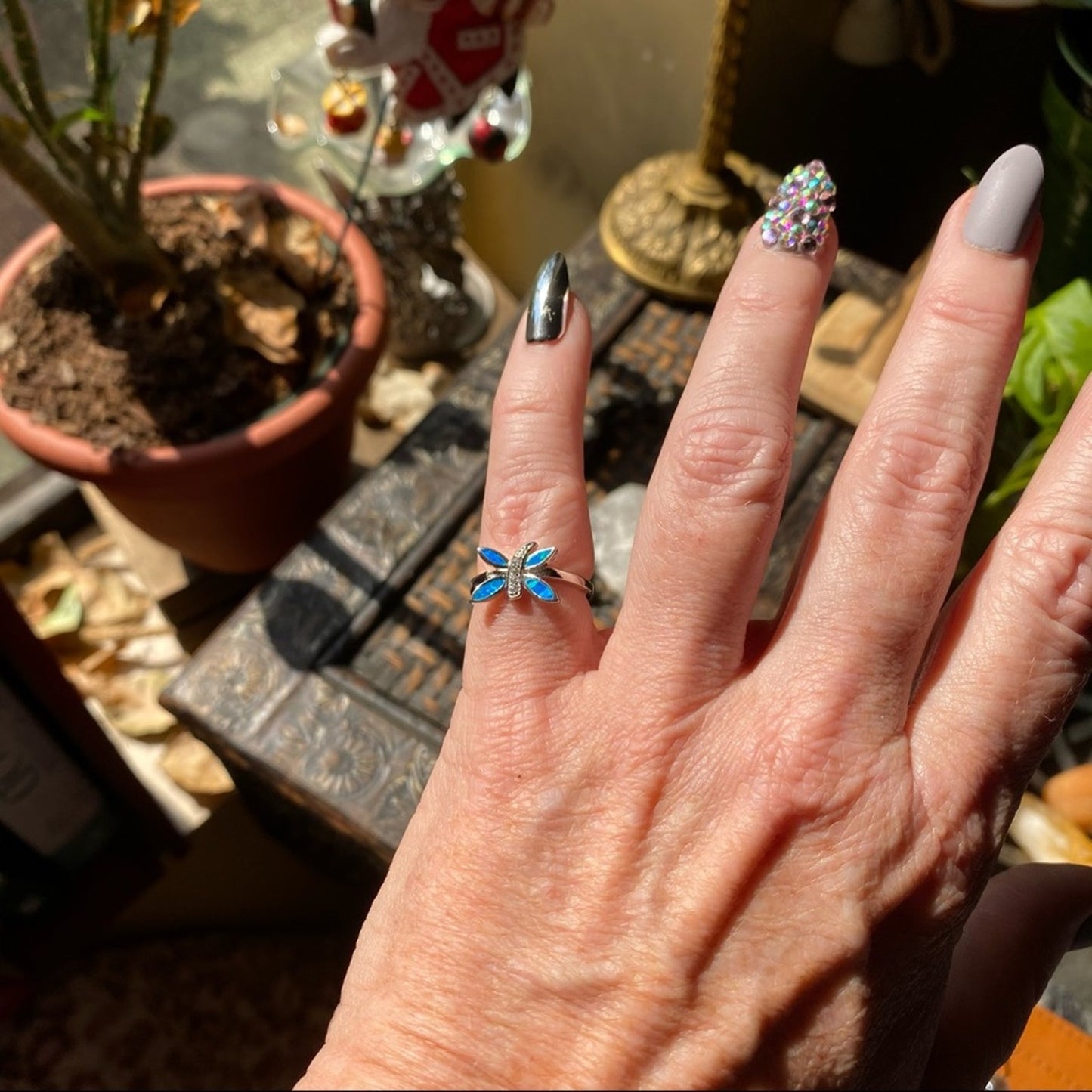 Dragonfly Blue Opal & Cz Sterling Silver Ring