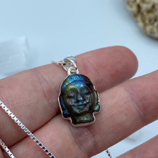 Buddha Carved Labradorite Solid Sterling Silver Necklace