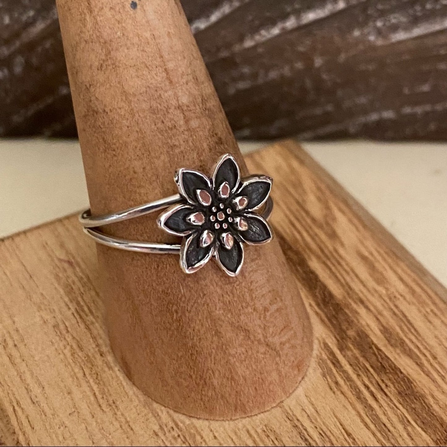 Lotus Flower Double Band Sterling Silver Ring