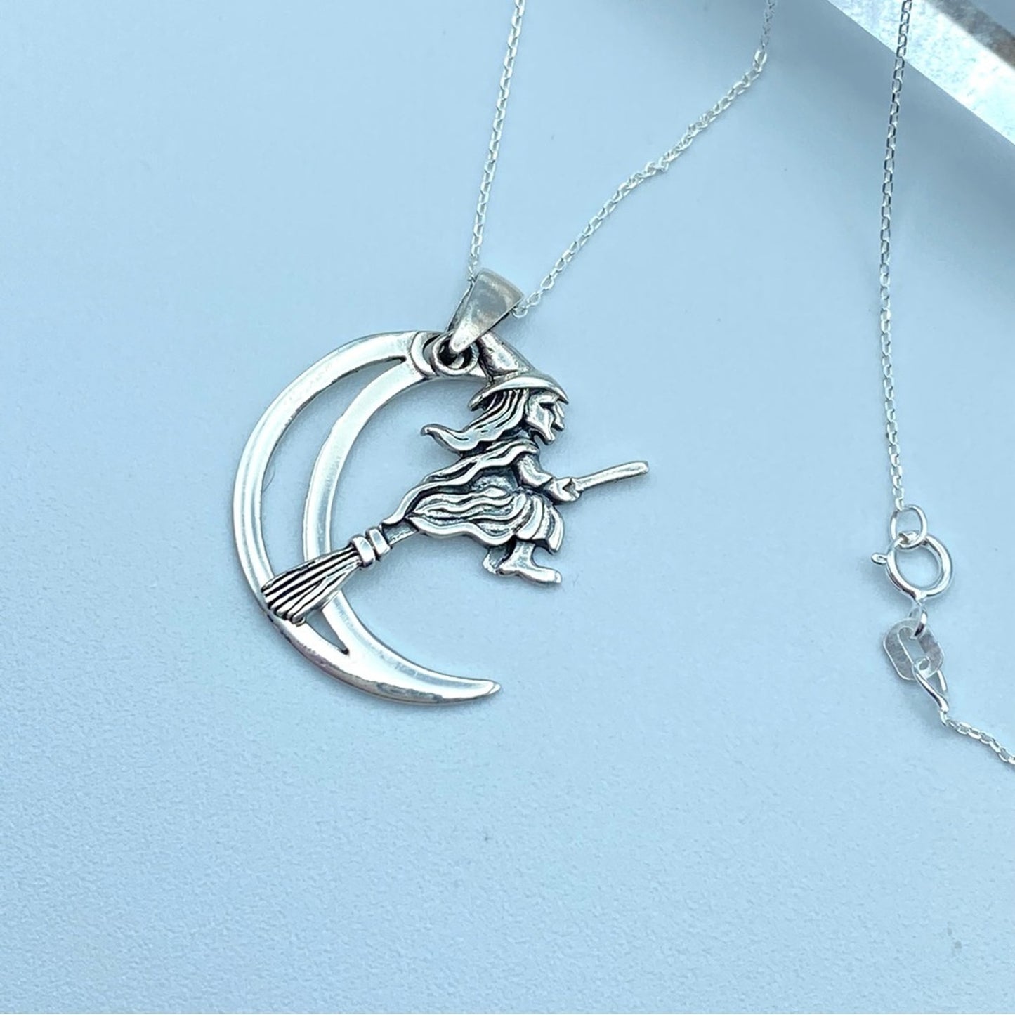 Moving Witch On Broomstick Crescent Moon Sterling Silver Necklace