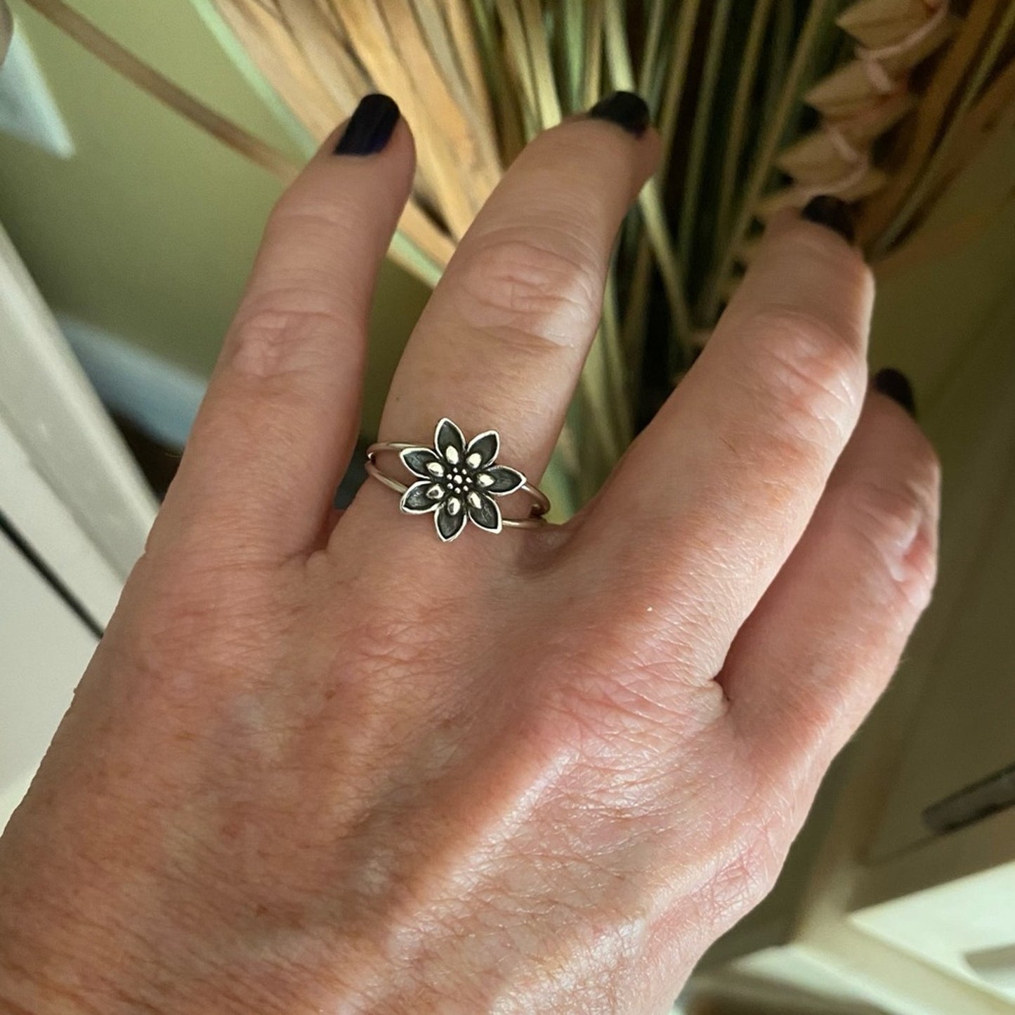 Lotus Flower Double Band Sterling Silver Ring