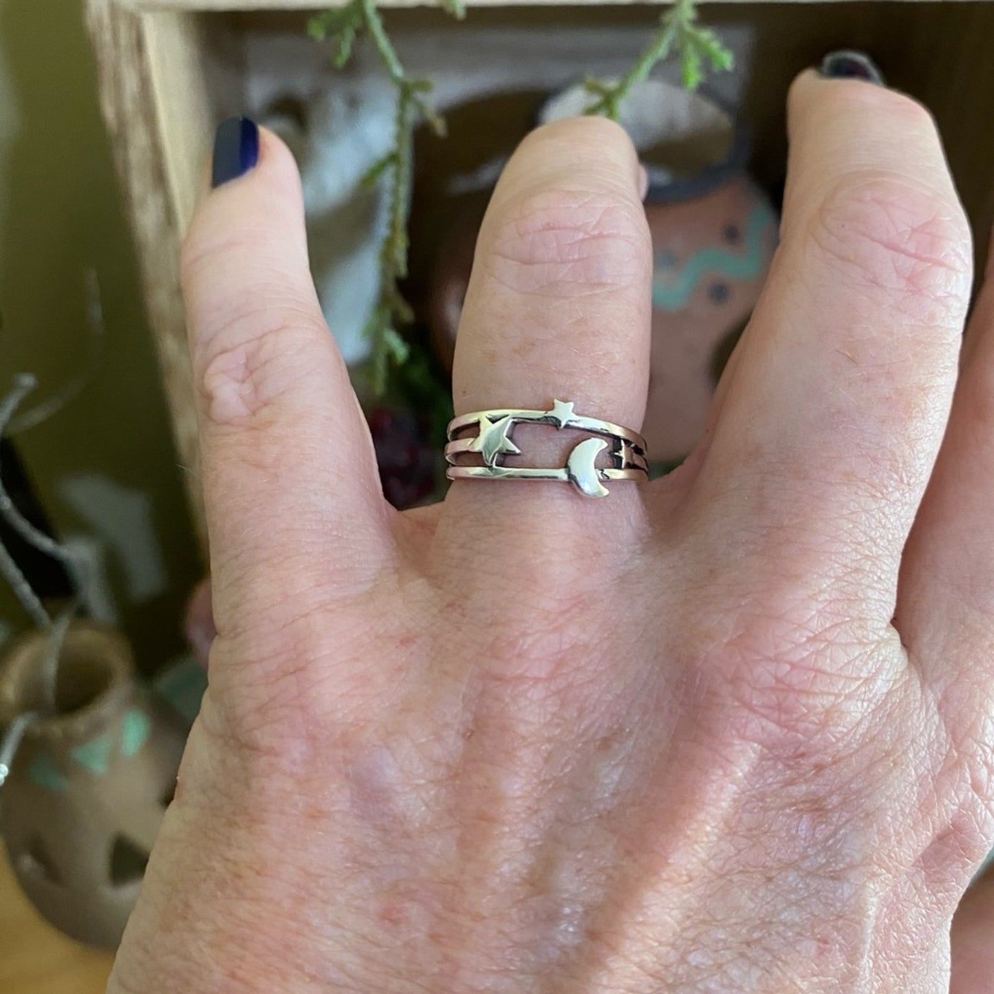 Moon And Star Open Adjustable Sterling Sliver Ring