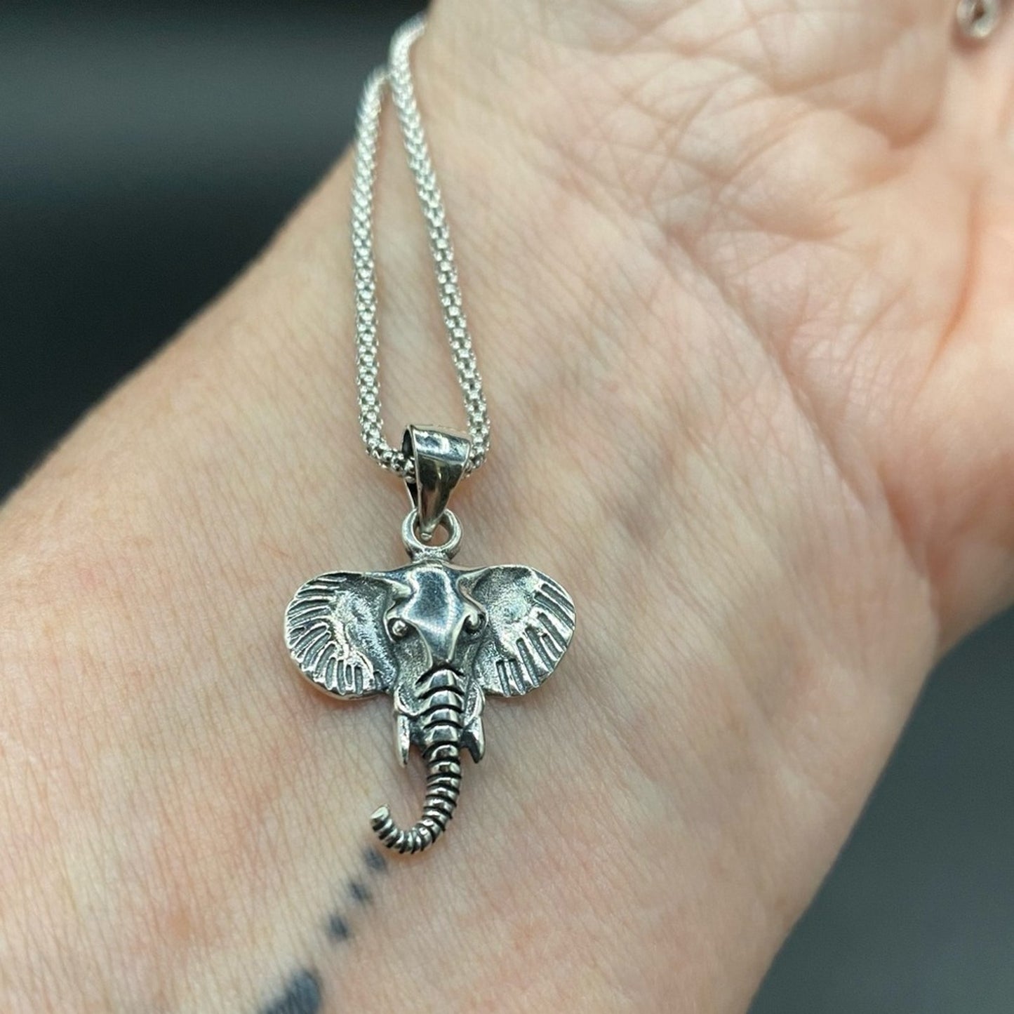 Solid Sterling Silver Elephant Head Pendant on Italian Popcorn Chain Necklace