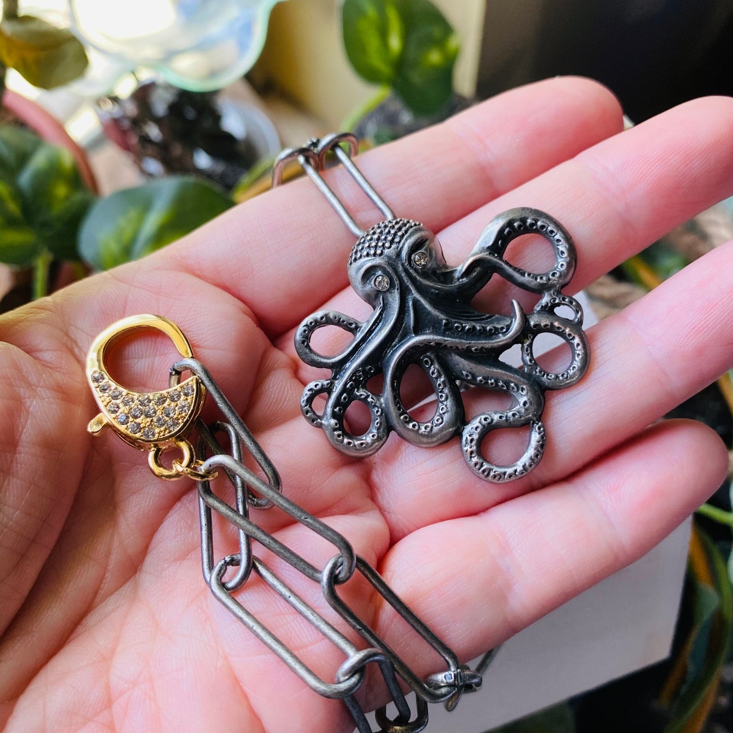 Octopus Paperclip Chain Necklace Rhinestone Clasp