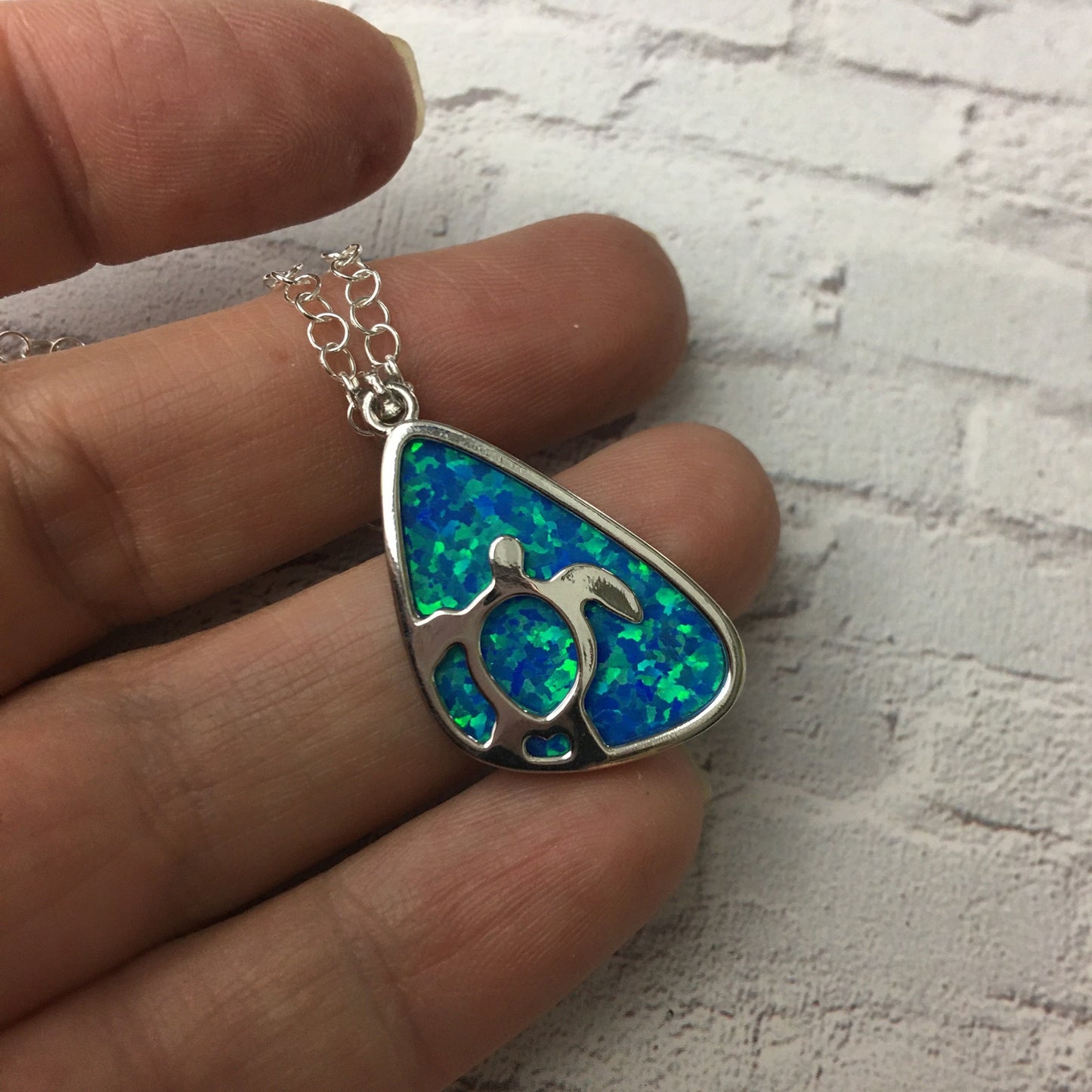 Sterling Silver Lab opal Turtle Necklace