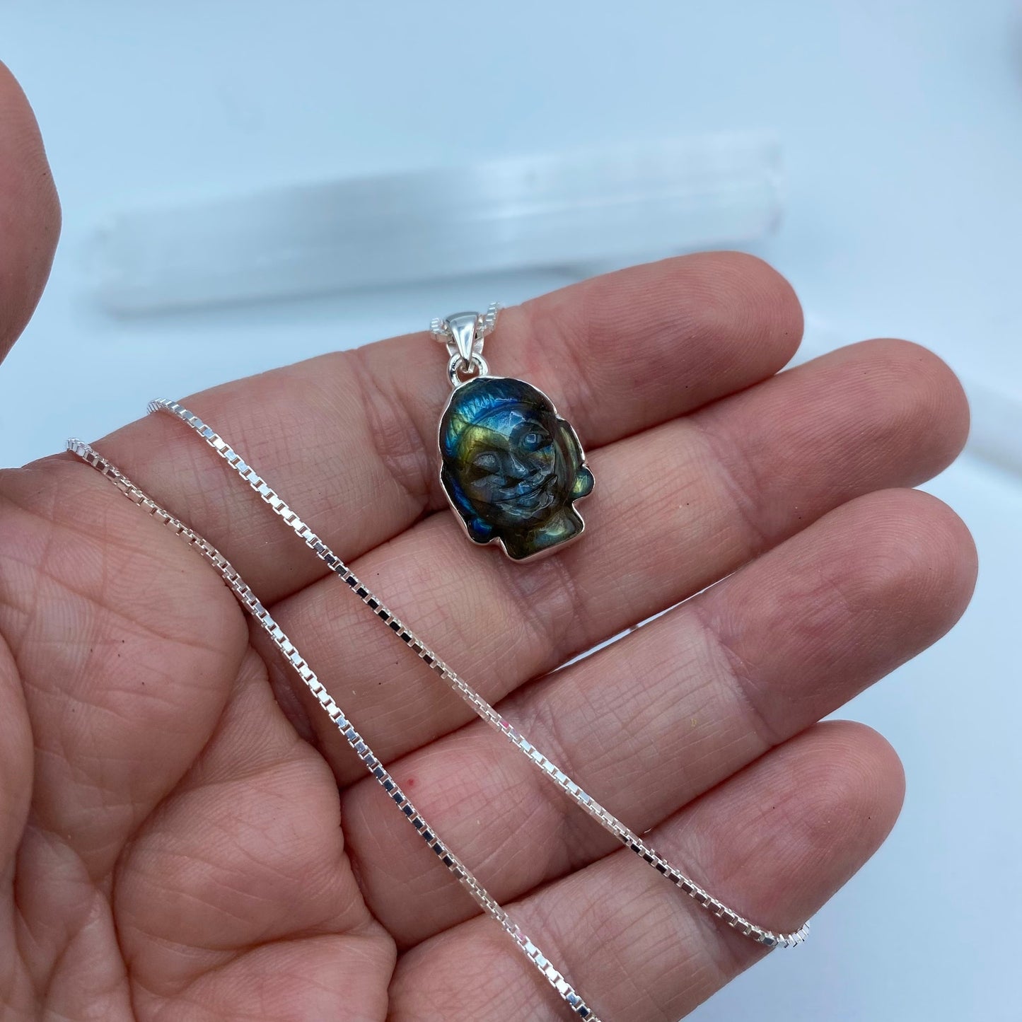 Buddha Carved Labradorite Solid Sterling Silver Necklace