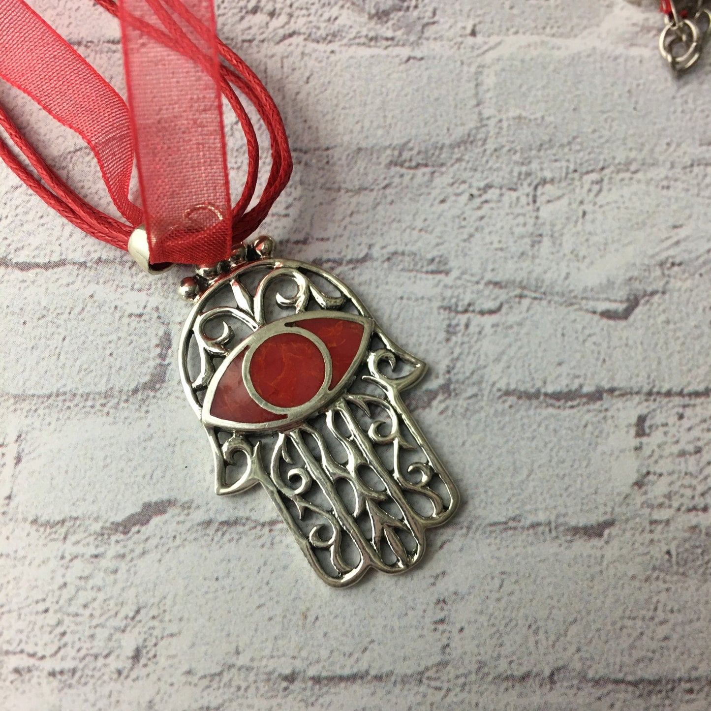 Hamsa Red Coral Sterling Silver Pendant Necklace