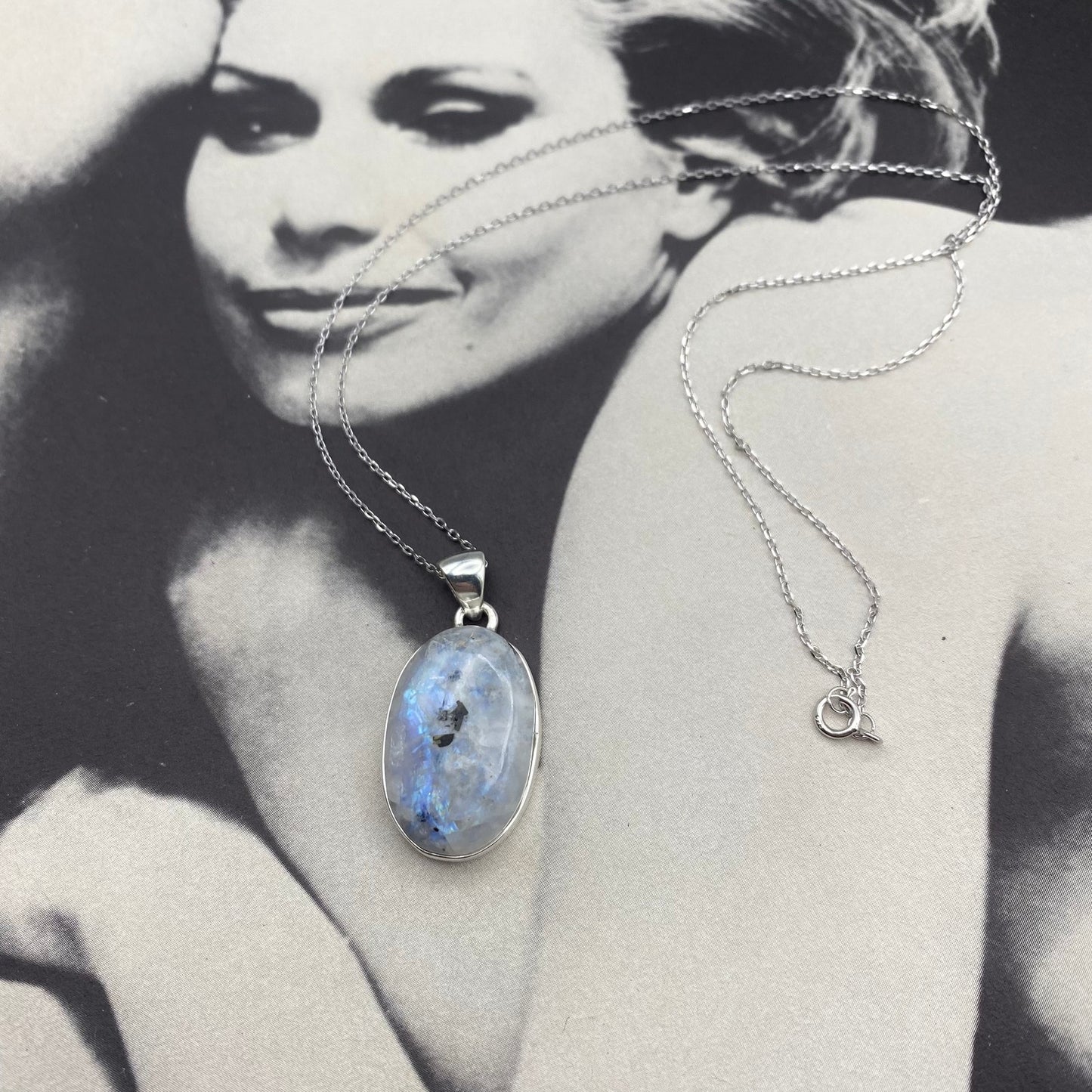 Natural Rainbow Moonstone And Quartz Sterling Silver Necklace