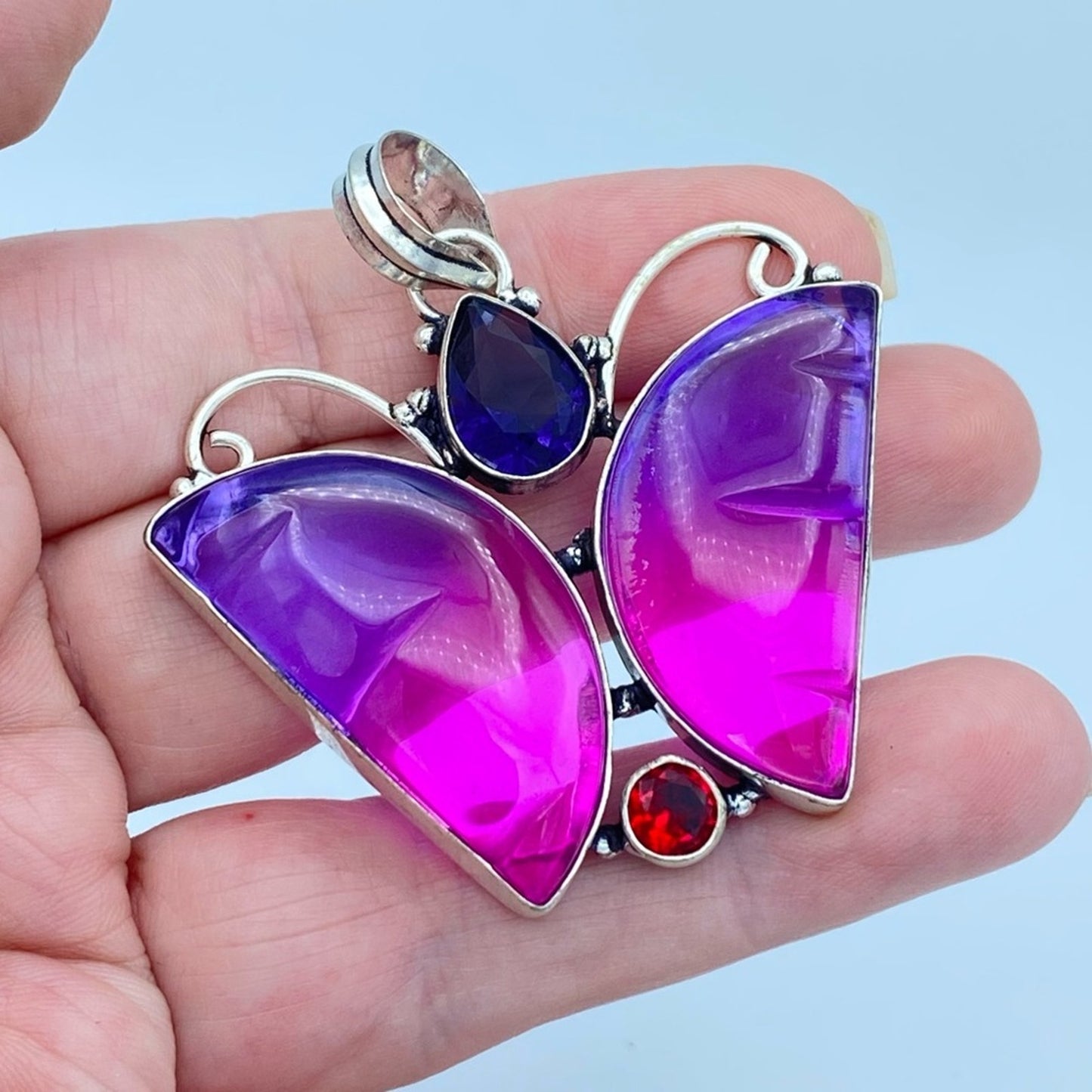 Bi-Color Tourmaline, Garnet, Gemstone Butterfly Pendant