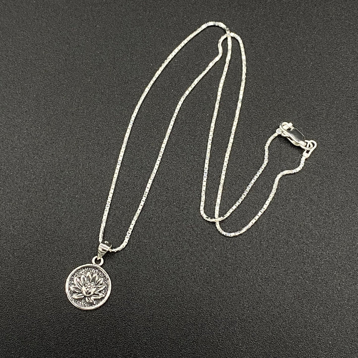 Lotus Flower Sterling Silver Disc Pendant Necklace
