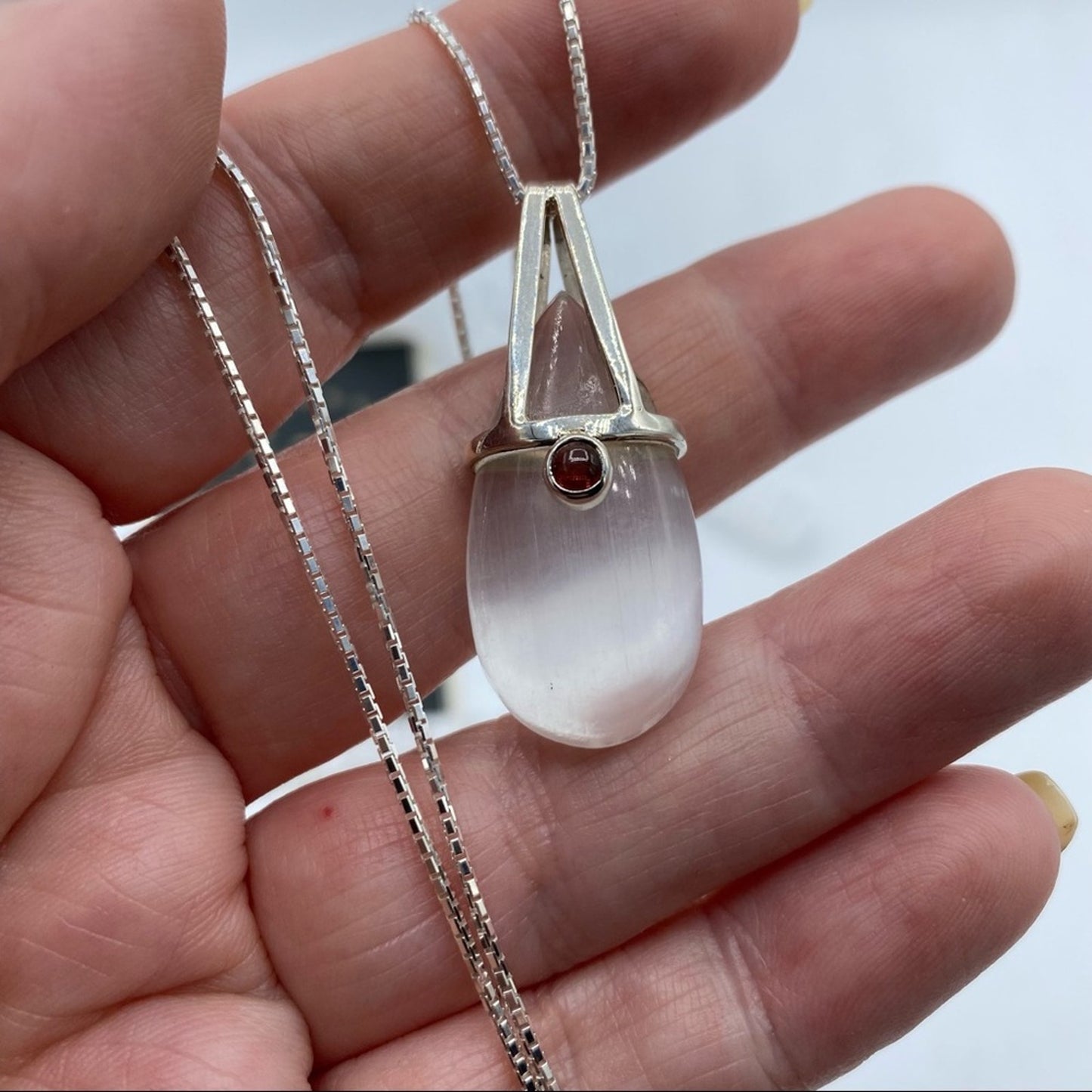 Selenite And Garnet Pendant on Diamond Cut Box Chain