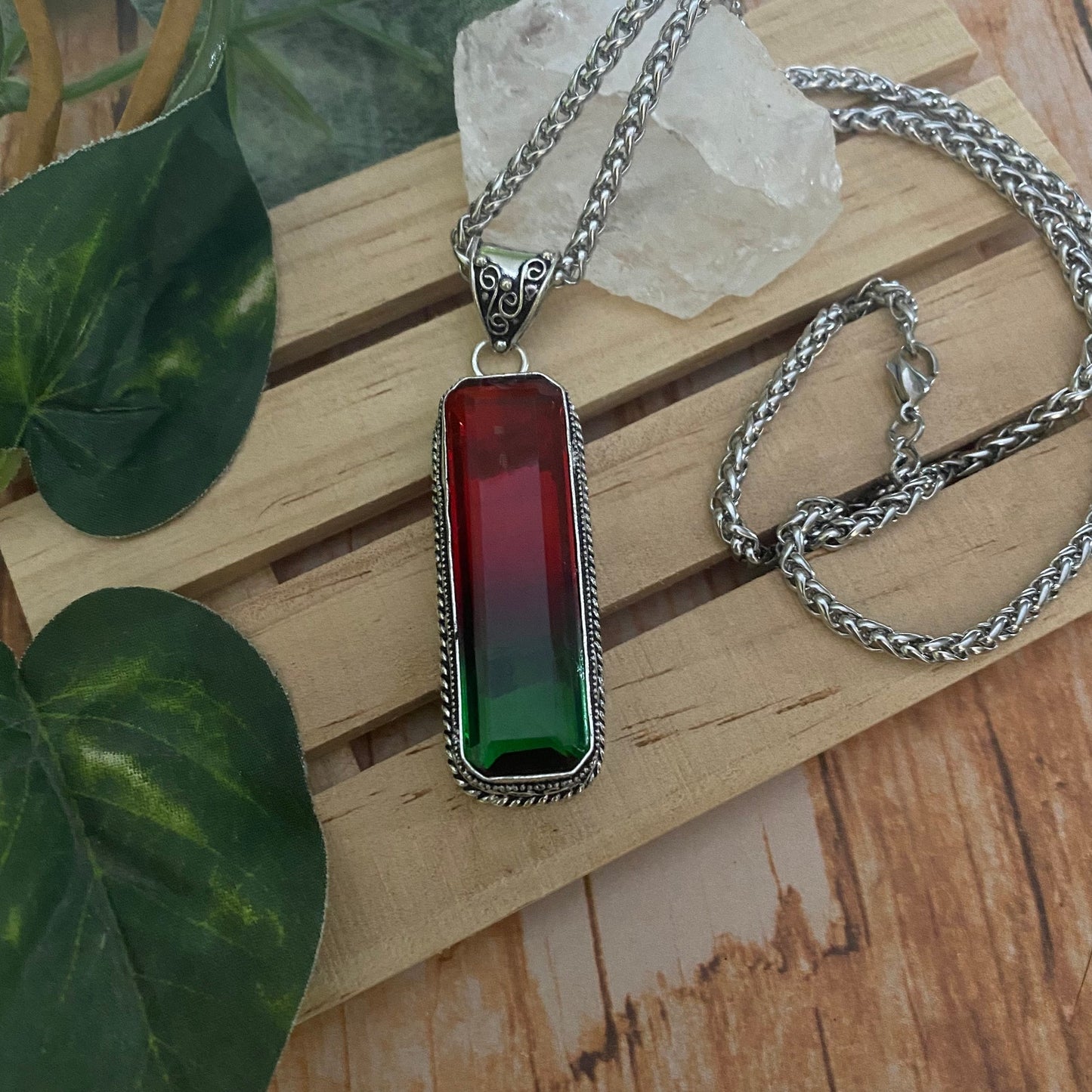 Bi-Color Tourmaline Red Green Sterling Silver Pendant Necklace