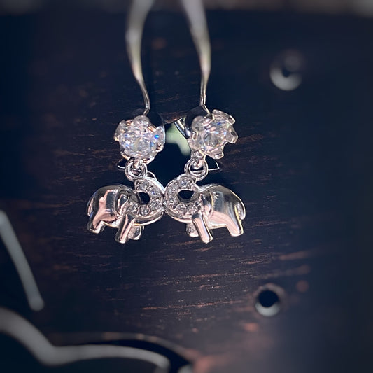 Cubic Zirconia Elephant Solid Sterling Silver Drop Earrings